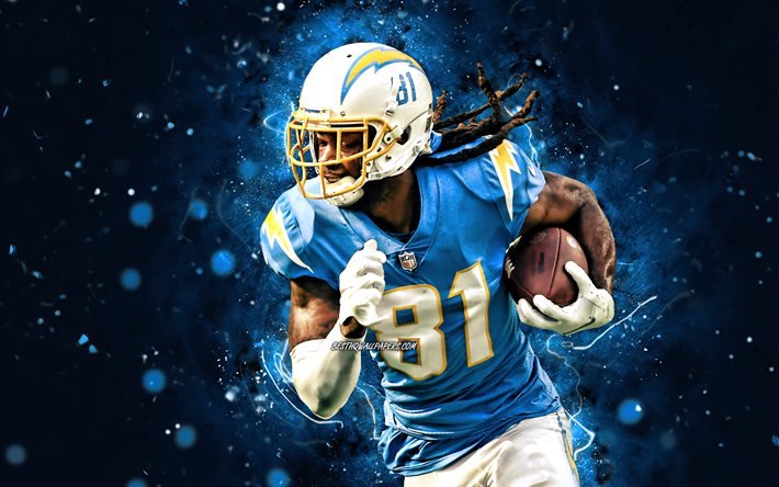 Mike Williams, 4k, NFL, wide receiver, Los Angeles Chargers, american football, LA Chargers, blue neon lights, Mike Williams LA Chargers, Mike Williams 4K