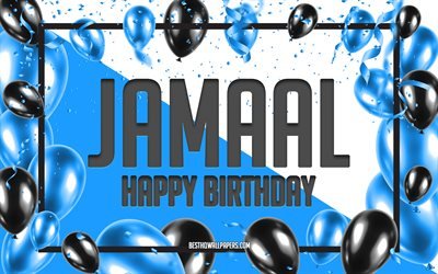 お誕生日おめでとうジャマール, 誕生日バルーンの背景, ジャマール, 名前の壁紙, ジャマールお誕生日おめでとう, 青い風船の誕生日の背景, ジャマールの誕生日