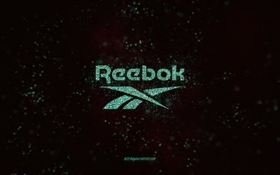 Reebok glitter logo, 4k, black background, Reebok logo, turquoise glitter art, Reebok, creative art, Reebok turquoise glitter logo