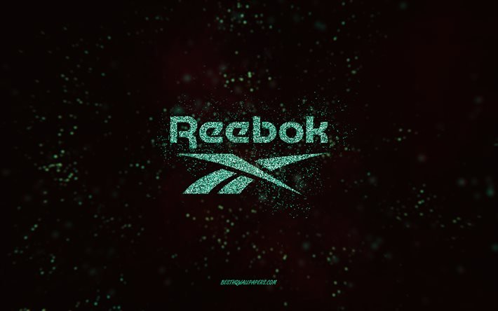 Reebok glitter logotyp, 4k, svart bakgrund, Reebok logotyp, turkos glitter konst, Reebok, kreativ konst, Reebok turkos glitter logotyp