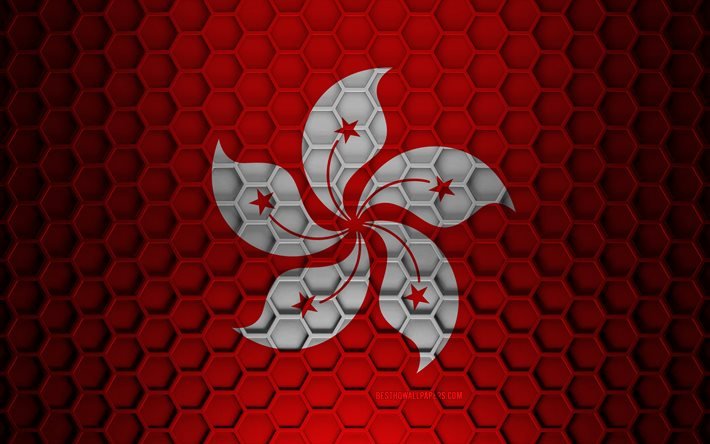 Hong Kong flag, 3d hexagons texture, Hong Kong, 3d texture, Hong Kong 3d flag, metal texture, flag of Hong Kong