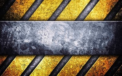 diagonal caution lines, 4k, grunge backgrounds, steel plates, warning backgrounds, construction stripes, yellow metal background, yellow lines, caution strips, warning tapes, metal textures