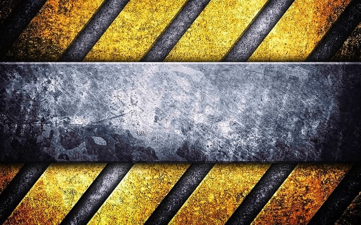 diagonal caution lines, 4k, grunge backgrounds, steel plates, warning backgrounds, construction stripes, yellow metal background, yellow lines, caution strips, warning tapes, metal textures
