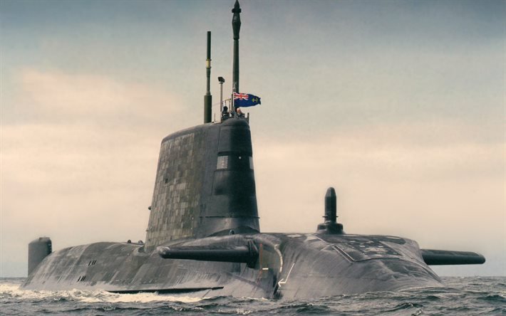 HMS Artful, S121, sous-marin à propulsion nucléaire, Royal Navy, sous-marin britannique, mer, soir, coucher de soleil