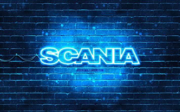 Logo blu Scania, 4k, muro di mattoni blu, logo Scania, marchi, logo al neon Scania, Scania