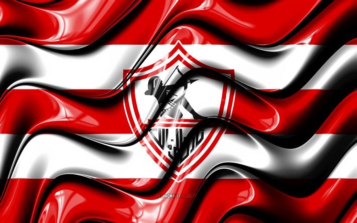 Zamalek bayrağı, 4k, kırmızı ve beyaz 3D dalgalar, EPL, Mısır Futbol Kul&#252;b&#252;, futbol, Zamalek logo, Mısır Premier Ligi, Zamalek SC, Zamalek FC