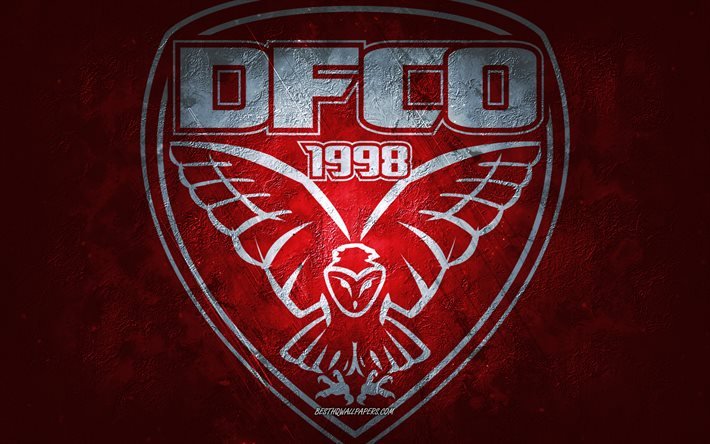 Dijon FCO, Fransız futbol takımı, kırmızı arka plan, Dijon FCO logosu, grunge sanat, 2 İzle, Fransa, futbol, Dijon FCO amblemi