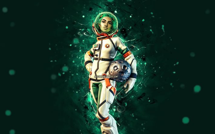 Spacewalk Siona, 4k, turquoise neon lights, Fortnite Battle Royale, Fortnite characters, Spacewalk Siona Skin, Fortnite, Spacewalk Siona Fortnite