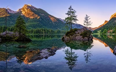 Berchtesgadener Land, 4k, montagnes, coucher de soleil, Alpes, &#233;t&#233;, Bavi&#232;re, Allemagne, Europe, belle nature