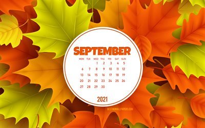 2021 September Calendar, 4k, background with autumn leaves, September 2021 Calendar, 2021 concepts, 2021 calendars, September