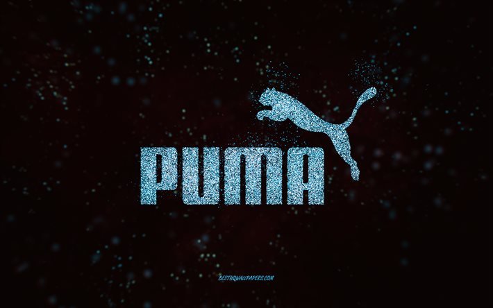Logotipo com glitter azul da Puma, 4k, fundo preto, logotipo da Puma, arte com glitter azul, Puma, arte criativa, logotipo com glitter azul da Puma