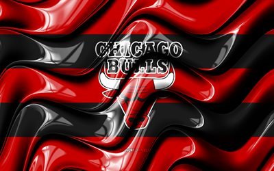 シカゴブルズの旗, 4k, 赤と黒の3D波, NBA, アメリカのバスケットボールチーム, シカゴブルズのロゴ, バスケットボール, ブルズ
