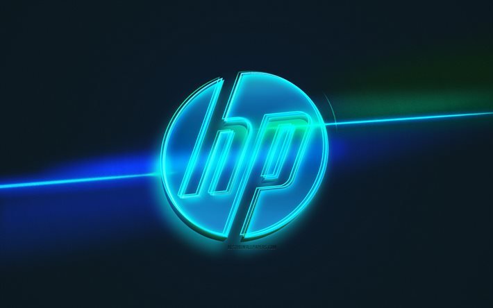 HP-logotyp, Hewlett-Packard, ljuskonst, HP-emblem, bakgrund med bl&#229;tt ljus, kreativ konst, HP, Hewlett-Packard-logotyp
