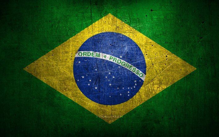 brasilianische metallflagge, grunge-kunst, s&#252;damerikanische l&#228;nder, tag von brasilien, nationale symbole, brasilien-flagge, metallflaggen, flagge von brasilien, s&#252;damerika, brasilianische flagge, brasilien