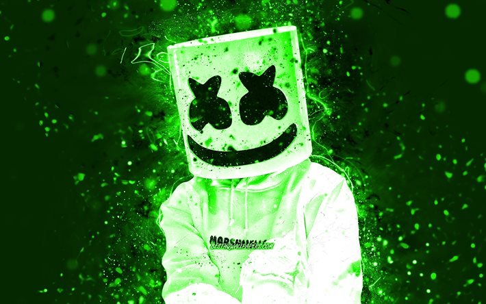 DJ Marshmello, Christopher Comstock, yeşil neon ışıklar, 4k, american DJ, superstars, Marshmello 4K, yeşil soyut arka planlar, m&#252;zik yıldızları, Marshmello, DJ&#39;ler