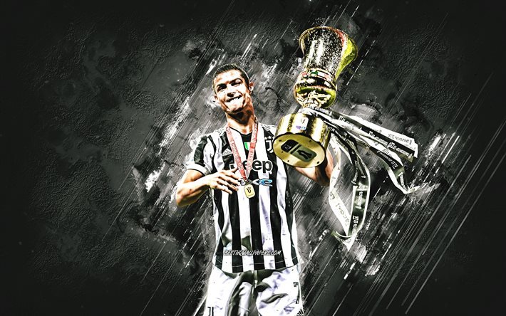 Cristiano Ronaldo, Coppa Italia, Juventus FC, Portuguese footballer, Cristiano Ronaldo with cup, grunge art, football, Italy