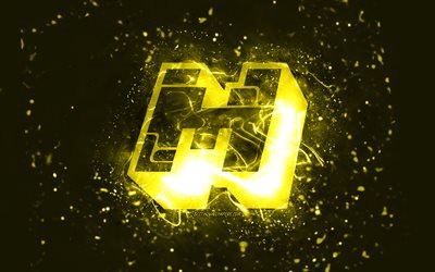 Minecraft yellow logo, 4k, yellow neon lights, creative, yellow abstract background, Minecraft logo, online games, Minecraft