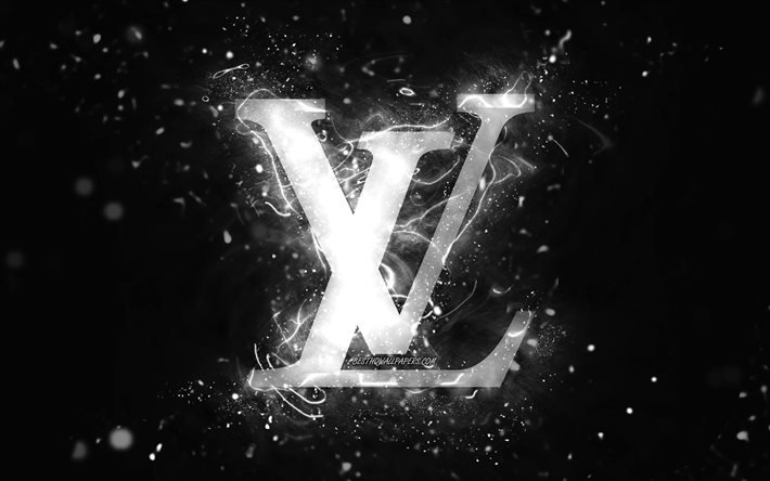 Louis Vuittonin valkoinen logo, 4k, valkoiset neonvalot, luova, musta abstrakti tausta, Louis Vuittonin logo, muotibr&#228;ndit, Louis Vuitton