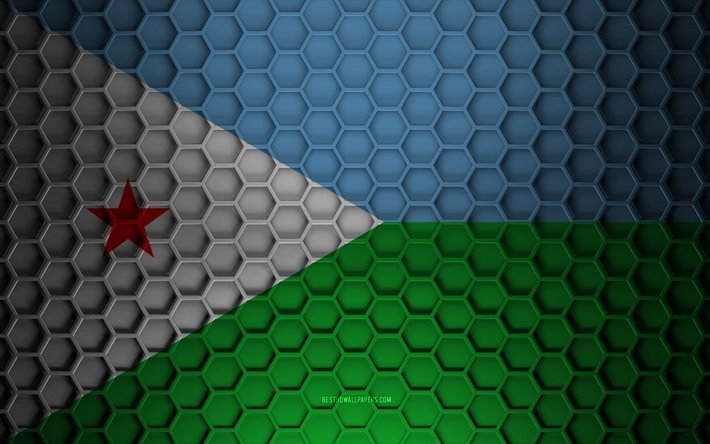 Djibouti flag, 3d hexagons texture, Djibouti, 3d texture, Djibouti 3d flag, metal texture, flag of Djibouti