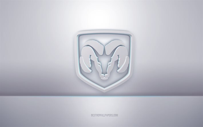 Logo blanc Dodge 3D, fond gris, logo Dodge, art 3D cr&#233;atif, Dodge, embl&#232;me 3D