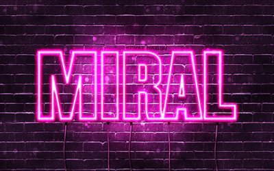 Miral, 4k, wallpapers with names, female names, Miral name, purple neon lights, Happy Birthday Miral, popular arabic female names, picture with Miral name