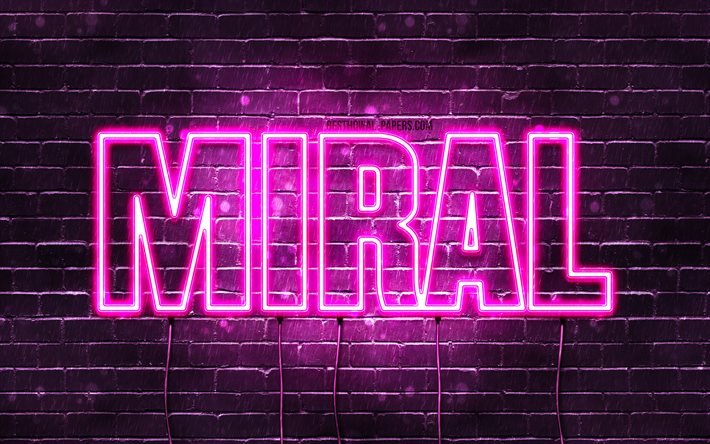 miral, 4k, hintergrundbilder mit namen, weiblichen namen, miral-name, lila neonlichter, happy birthday miral, beliebte arabische frauennamen, bild mit miral-namen