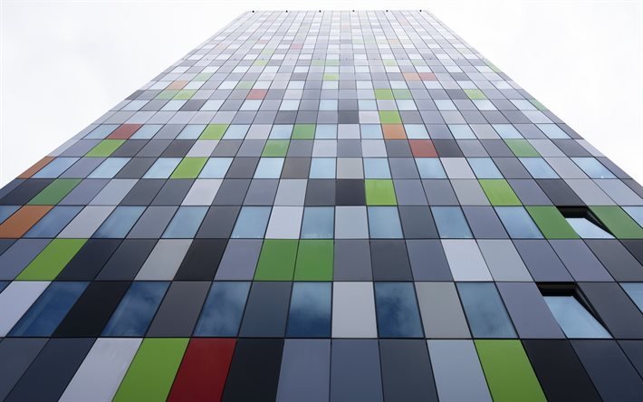 casa di vetro colorato multicolore, mosaico di vetro colorato, architettura moderna, centro affari, facciata in vetro