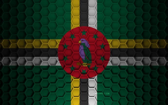Drapeau de la Dominique, texture des hexagones 3d, Dominique, texture 3d, drapeau de la Dominique 3d, texture m&#233;tallique, drapeau de la Dominique