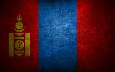 Mongolisk metallflagga, grungekonst, asiatiska l&#228;nder, Mongoliets dag, nationella symboler, Mongoliets flagga, metallflaggor, Asien, Mongoliska flaggan, Mongoliet