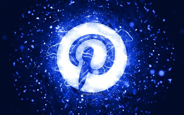 Pinterest dark blue logo, 4k, dark blue neon lights, creative, dark blue abstract background, Pinterest logo, social network, Pinterest