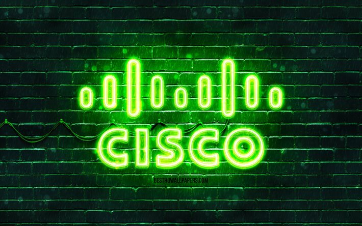Cisco gr&#246;n logotyp, 4k, gr&#246;n brickwall, Cisco logotyp, varum&#228;rken, Cisco neon logotyp, Cisco