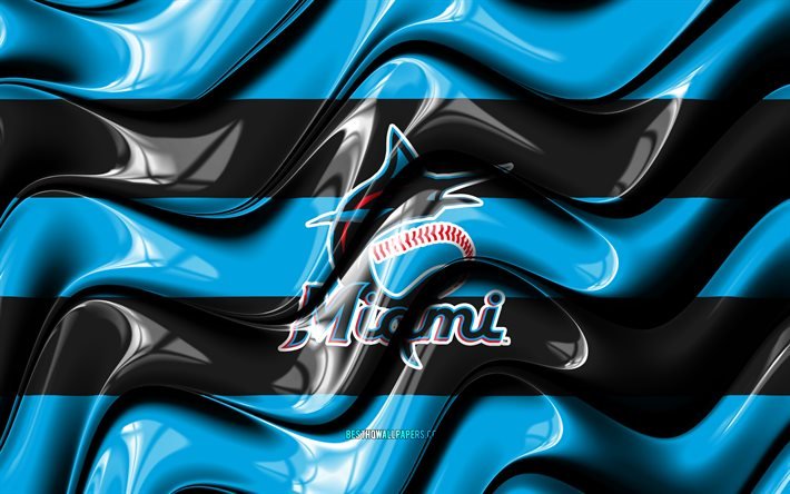 Drapeau des Marlins de Miami, 4k, vagues 3D bleues et noires, MLB, &#233;quipe de baseball am&#233;ricaine, logo des Marlins de Miami, baseball, Marlins de Miami