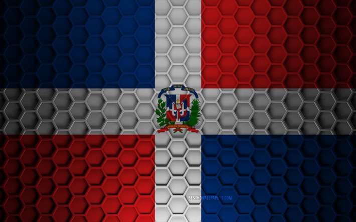 Drapeau de la R&#233;publique dominicaine, texture d&#39;hexagones 3d, R&#233;publique dominicaine, texture 3d, drapeau de la R&#233;publique dominicaine 3d, texture en m&#233;tal, drapeau de la R&#233;publique dominicaine