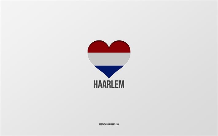 Eu amo Haarlem, cidades holandesas, Dia de Haarlem, fundo cinza, Haarlem, Holanda, cora&#231;&#227;o da bandeira holandesa, cidades favoritas, amor Haarlem