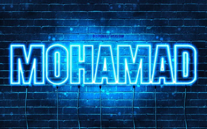 Mohamad, 4k, pap&#233;is de parede com nomes, nome de Mohamad, luzes de n&#233;on azuis, Feliz Anivers&#225;rio Mohamad, nomes masculinos &#225;rabes populares, imagem com o nome de Mohamad