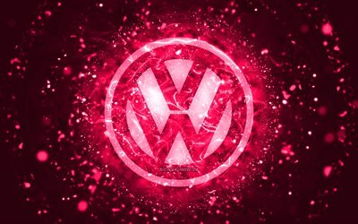 Volkswagenin vaaleanpunainen logo, 4k, vaaleanpunaiset neonvalot, luova, vaaleanpunainen abstrakti tausta, Volkswagen-logo, automerkit, Volkswagen