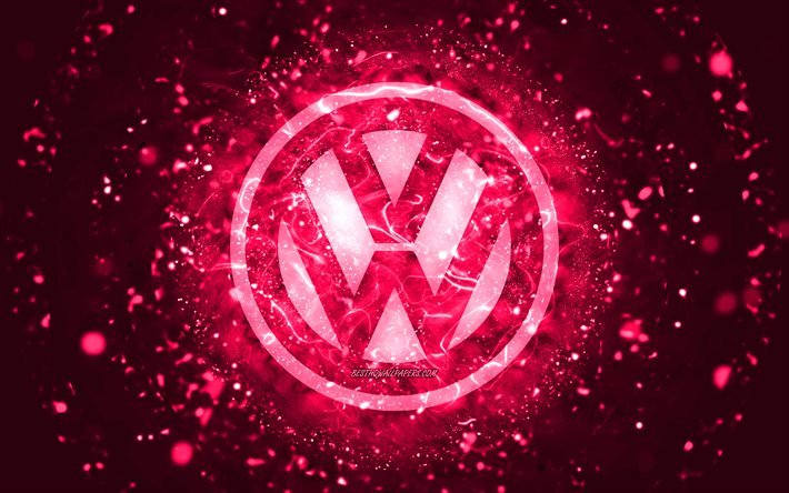 Volkswagen pink logo, 4k, pink neon lights, creative, pink abstract background, Volkswagen logo, cars brands, Volkswagen