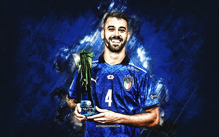 Leonardo Spinazzola, Italian jalkapallomaajoukkue, italialainen jalkapalloilija, muotokuva, Euro 2020, grunge-taide, sininen kivi tausta, jalkapallo, Italia