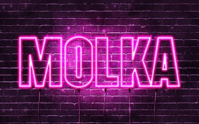 Molka, 4k, bakgrundsbilder med namn, kvinnliga namn, Molka namn, lila neonljus, Grattis p&#229; f&#246;delsedagen Molka, popul&#228;ra arabiska kvinnliga namn, bild med Molka namn