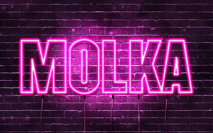 molka, 4k, hintergrundbilder mit namen, frauennamen, molka-name, lila neonlichter, happy birthday molka, beliebte arabische frauennamen, bild mit molka-namen