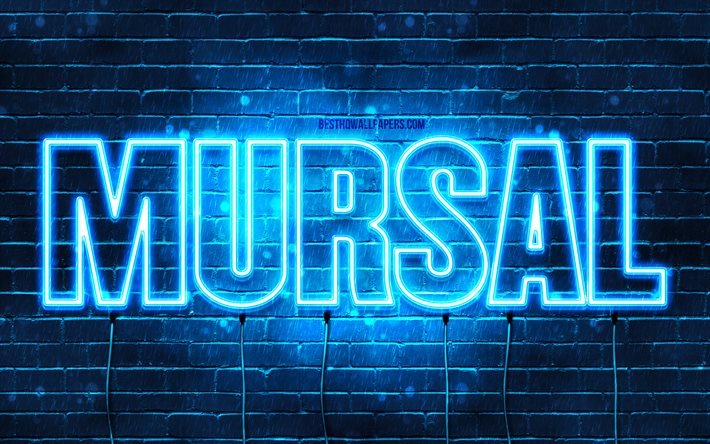 Mursal, 4k, pap&#233;is de parede com nomes, nome Mursal, luzes de n&#233;on azuis, Mursal feliz anivers&#225;rio, nomes masculinos &#225;rabes populares, imagem com o nome Mursal