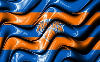 New York Knicks flag, 4k, blue and orange 3D waves, NBA, american basketball team, New York Knicks logo, basketball, New York Knicks, NY Knicks