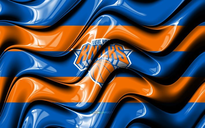 Bandeira do New York Knicks, ondas 3D 4k, azul e laranja, NBA, time americano de basquete, logotipo do New York Knicks, basquete, New York Knicks, NY Knicks