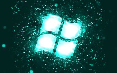 Windows turquoise logo, 4k, turquoise neon lights, creative, turquoise abstract background, Windows logo, OS, Windows