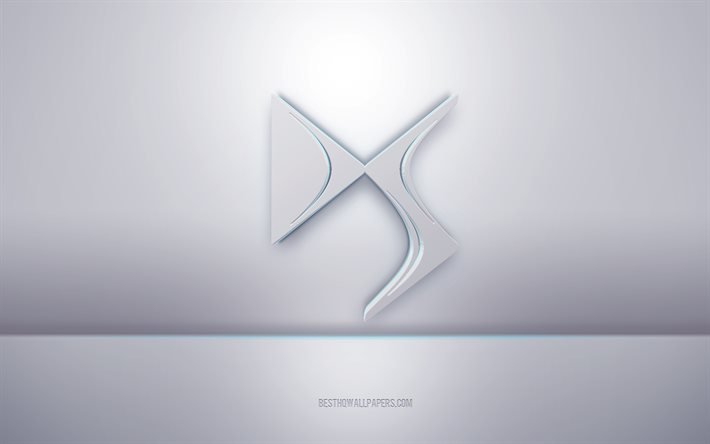 Logo bianco 3d DS, sfondo grigio, logo DS, arte 3d creativa, DS, emblema 3d