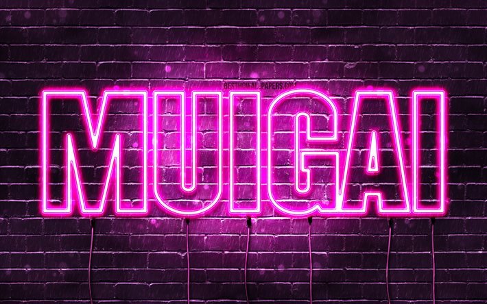 Muigai, 4k, fonds d&#39;&#233;cran avec noms, noms f&#233;minins, nom Muigai, n&#233;ons violets, joyeux anniversaire Muigai, noms f&#233;minins arabes populaires, photo avec nom Muigai