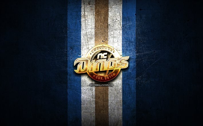 NC Dinos, logo dorato, KBO, sfondo blu in metallo, squadra di baseball sudcoreana, logo NC Dinos, baseball, Corea del Sud