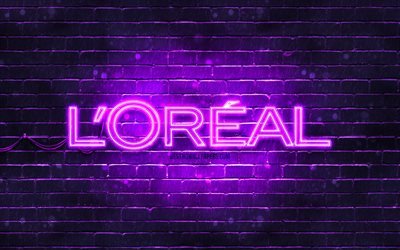 Logo violet Loreal, 4k, mur de briques violet, logo Loreal, marques, logo néon Loreal, Loreal