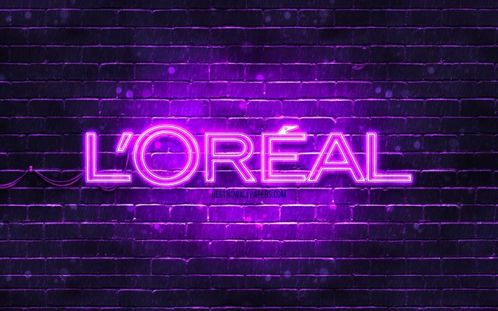 Loreal violetti logo, 4k, violetti tiilisein&#228;, Loreal logo, tuotemerkit, Loreal neon logo, Loreal