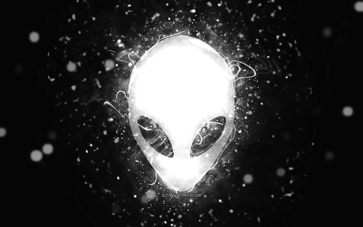 Alienware white logo, 4k, white neon lights, creative, black abstract background, Alienware logo, brands, Alienware